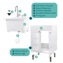 Carregar imagem no visualizador da galeria, Tehila White Vanity Cabinet and White Utility Sink with Stainless Steel Finish Low-Profile Pull-Down Faucet
