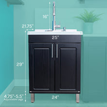 Cargar imagen en el visor de la galería, Tehila Black Vanity Cabinet and White Utility Sink with Chrome Finish High-Arc Pull-Down Faucet

