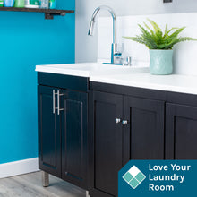 Cargar imagen en el visor de la galería, Tehila Black Vanity Cabinet and White Utility Sink with Chrome Finish High-Arc Pull-Down Faucet
