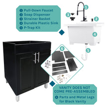 Load image into Gallery viewer, Tehila Black Vanity Cabinet and White Utility Sink with Black Finish High-Arc Coil Pull-Down Faucet
