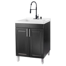 Load image into Gallery viewer, Tehila Black Vanity Cabinet and White Utility Sink with Black Finish High-Arc Coil Pull-Down Faucet
