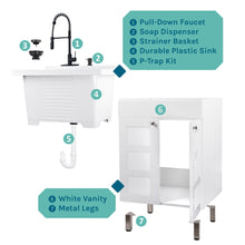 Cargar imagen en el visor de la galería, Tehila White Vanity Cabinet and White Utility Sink with Black Finish High-Arc Coil Pull-Down Faucet
