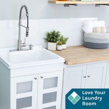 Load image into Gallery viewer, Tehila White Vanity Cabinet and White Utility Sink with Stainless Steel Finish High-Arc Coil Pull-Down Faucet
