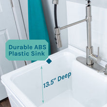 Load image into Gallery viewer, Tehila White Vanity Cabinet and White Utility Sink with Stainless Steel Finish High-Arc Coil Pull-Down Faucet
