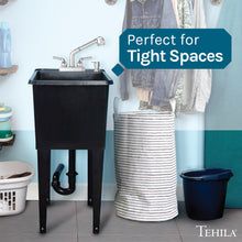 Cargar imagen en el visor de la galería, Tehila Space Saver Freestanding Black Utility Sink with Chrome Finish Pull-Out Faucet

