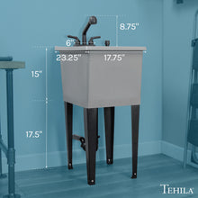 Load image into Gallery viewer, Tehila Space Saver Freestanding Grey Utility Sink with Black Finish Pull-Out Faucet
