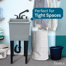 Load image into Gallery viewer, Tehila Space Saver Freestanding Grey Utility Sink with Black Finish Pull-Out Faucet
