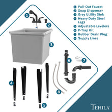 Load image into Gallery viewer, Tehila Space Saver Freestanding Grey Utility Sink with Black Finish Pull-Out Faucet
