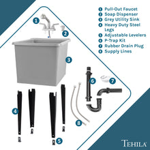 Cargar imagen en el visor de la galería, Tehila Space Saver Freestanding Grey Utility Sink with Stainless Steel Finish Pull-Out Faucet
