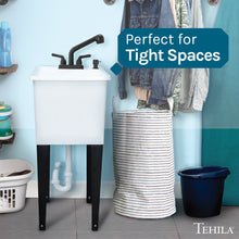 Cargar imagen en el visor de la galería, Tehila Space Saver Freestanding White Utility Sink with Black Finish Pull-Out Faucet
