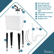 Cargar imagen en el visor de la galería, Tehila Space Saver Freestanding White Utility Sink with Black Finish Pull-Out Faucet
