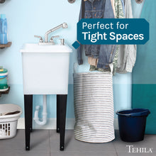 Load image into Gallery viewer, Tehila Space Saver Freestanding White Utility Sink with Chrome Finish Pull-Out Faucet
