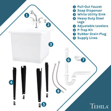 Load image into Gallery viewer, Tehila Space Saver Freestanding White Utility Sink with Chrome Finish Pull-Out Faucet
