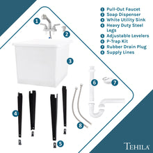 Load image into Gallery viewer, Tehila Space Saver Freestanding White Utility Sink with Stainless Steel Finish Pull-Out Faucet
