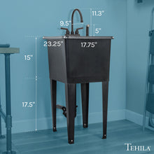 Cargar imagen en el visor de la galería, Tehila Space Saver Freestanding Black Utility Sink with Black Finish Gooseneck Faucet and Side Sprayer
