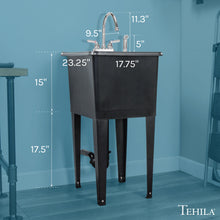 Cargar imagen en el visor de la galería, Tehila Space Saver Freestanding Black Utility Sink with Chrome Finish Gooseneck Faucet and Side Sprayer
