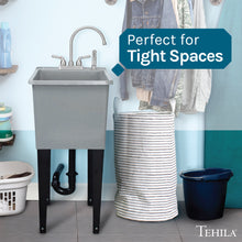 Cargar imagen en el visor de la galería, Tehila Space Saver Freestanding Grey Utility Sink with Stainless Steel Finish Gooseneck Faucet and Side Sprayer
