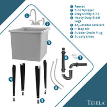 Cargar imagen en el visor de la galería, Tehila Space Saver Freestanding Grey Utility Sink with Stainless Steel Finish Gooseneck Faucet and Side Sprayer
