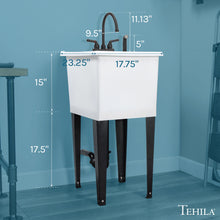 Cargar imagen en el visor de la galería, Tehila Space Saver Freestanding White Utility Sink with Black Finish Gooseneck Faucet and Side Sprayer
