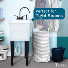Cargar imagen en el visor de la galería, Tehila Space Saver Freestanding White Utility Sink with Black Finish Gooseneck Faucet and Side Sprayer
