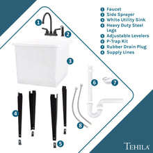 Cargar imagen en el visor de la galería, Tehila Space Saver Freestanding White Utility Sink with Black Finish Gooseneck Faucet and Side Sprayer
