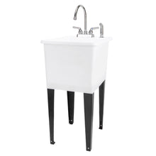 Load image into Gallery viewer, Tehila Space Saver Freestanding White Utility Sink with Chrome Finish Gooseneck Faucet and Side Sprayer
