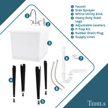 Load image into Gallery viewer, Tehila Space Saver Freestanding White Utility Sink with Chrome Finish Gooseneck Faucet and Side Sprayer
