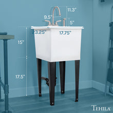 Cargar imagen en el visor de la galería, Tehila Space Saver Freestanding White Utility Sink with Stainless Steel Finish Gooseneck Faucet and Side Sprayer
