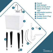 Cargar imagen en el visor de la galería, Tehila Space Saver Freestanding White Utility Sink with Stainless Steel Finish Gooseneck Faucet and Side Sprayer
