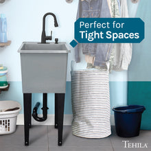 Cargar imagen en el visor de la galería, Tehila Space Saver Freestanding Grey Utility Sink with Black Finish Low-Profile Pull-Down Faucet

