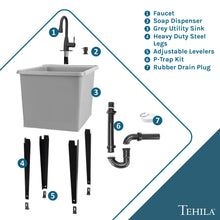 Cargar imagen en el visor de la galería, Tehila Space Saver Freestanding Grey Utility Sink with Black Finish Low-Profile Pull-Down Faucet
