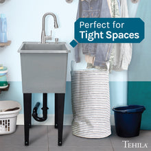 Cargar imagen en el visor de la galería, Tehila Space Saver Freestanding Grey Utility Sink with Stainless Steel Finish Low-Profile Pull-Down Faucet
