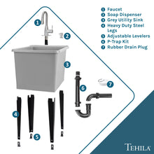 Cargar imagen en el visor de la galería, Tehila Space Saver Freestanding Grey Utility Sink with Stainless Steel Finish Low-Profile Pull-Down Faucet
