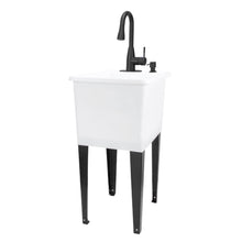 Cargar imagen en el visor de la galería, Tehila Space Saver Freestanding White Utility Sink with Black Finish Low-Profile Pull-Down Faucet
