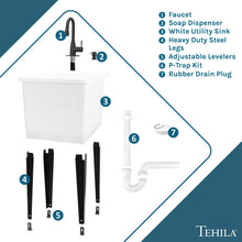 Cargar imagen en el visor de la galería, Tehila Space Saver Freestanding White Utility Sink with Black Finish Low-Profile Pull-Down Faucet
