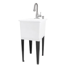 Cargar imagen en el visor de la galería, Tehila Space Saver Freestanding White Utility Sink with Stainless Steel Finish Low-Profile Pull-Down Faucet
