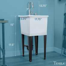 Cargar imagen en el visor de la galería, Tehila Space Saver Freestanding White Utility Sink with Stainless Steel Finish Low-Profile Pull-Down Faucet
