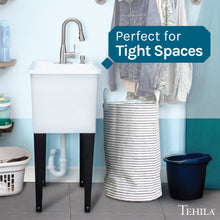 Cargar imagen en el visor de la galería, Tehila Space Saver Freestanding White Utility Sink with Stainless Steel Finish Low-Profile Pull-Down Faucet
