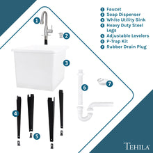Cargar imagen en el visor de la galería, Tehila Space Saver Freestanding White Utility Sink with Stainless Steel Finish Low-Profile Pull-Down Faucet
