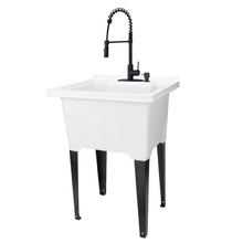 Load image into Gallery viewer, Tehila Luxe Freestanding White Utility Sink with Black Finish High-Arc Coil Pull-Down Faucet
