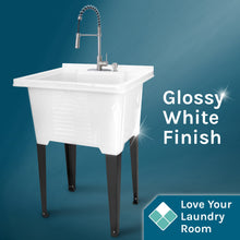 Load image into Gallery viewer, Tehila Luxe Freestanding White Utility Sink with Stainless Steel Finish High-Arc Coil Pull-Down Faucet
