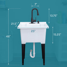Cargar imagen en el visor de la galería, Tehila Luxe Freestanding White Utility Sink with Black Finish Low-Profile Pull-Down Faucet
