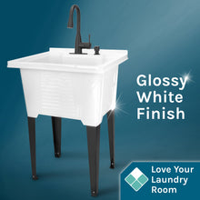 Cargar imagen en el visor de la galería, Tehila Luxe Freestanding White Utility Sink with Black Finish Low-Profile Pull-Down Faucet
