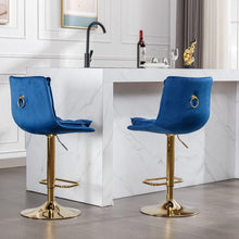 Load image into Gallery viewer, Set of 2 Bar Stools, with Chrome Footrest and Base Swivel Height Adjustable Mechanical Lifting Velvet + Golden Leg Simple Bar Stoo, blue
