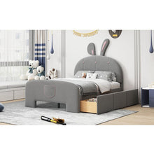 Load image into Gallery viewer, Full Size Velvet Platform Bed with Rabbit-Shaped Headboard, with Drawers, with Bed-End Storage Pocket, Gray
