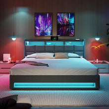Carregar imagem no visualizador da galeria, Full size Upholstered Platform bed with a Hydraulic Storage System, LED and USB Charging, Grey (without mattress)
