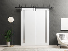 Load image into Gallery viewer, Planum 0660 Painted White Double Barn Door with Frosted Glass and Black Bypass Rail
