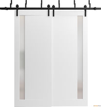 Load image into Gallery viewer, Planum 0660 Painted White Double Barn Door with Frosted Glass and Black Bypass Rail
