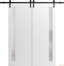 Load image into Gallery viewer, Planum 0660 Painted White Double Barn Door with Frosted Glass and Black Rail
