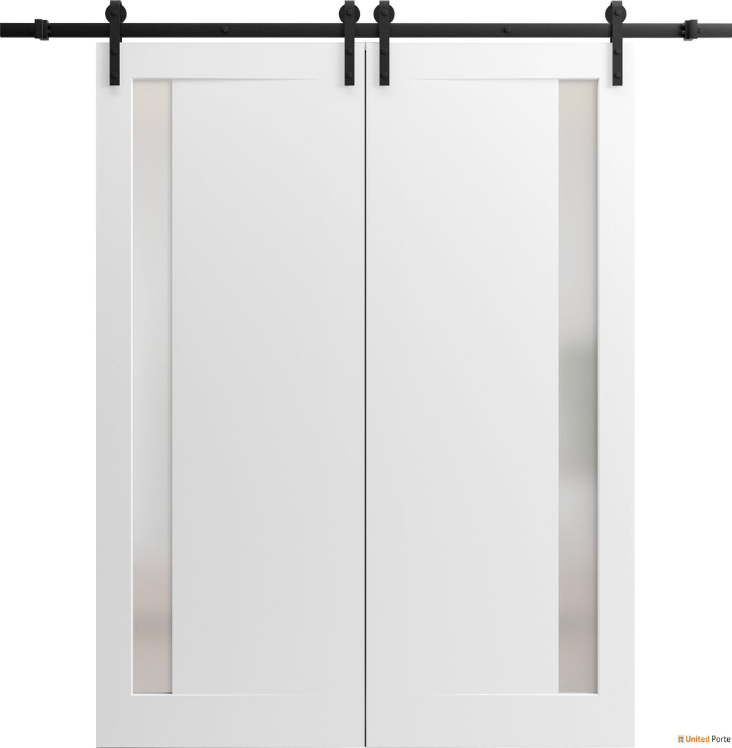 Planum 0660 Painted White Double Barn Door with Frosted Glass and Black Rail